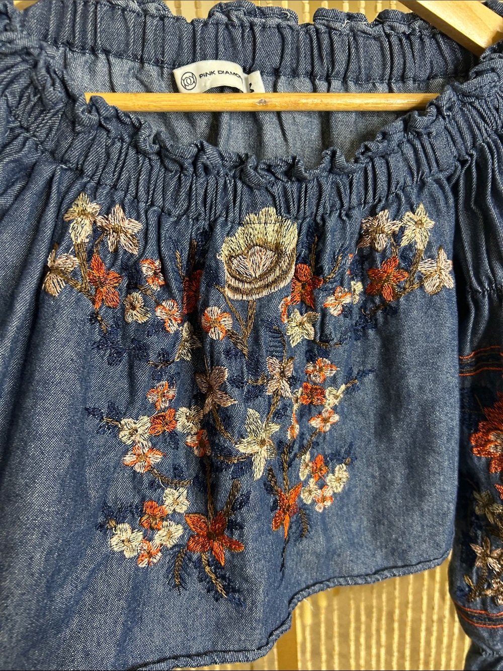 Embroidered Off-Shoulder Denim Blouse - Blue - Picture 5 of 15